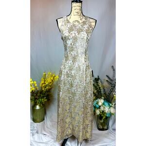 Lulu's Romantic Charm White & Gold Floral Print Tie-Back Midi Dress Medium